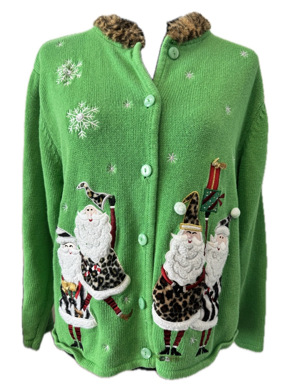 Crystal Kobe Vintage Christmas Santa Cardigan Fur Collar Ugly Sweater XL
